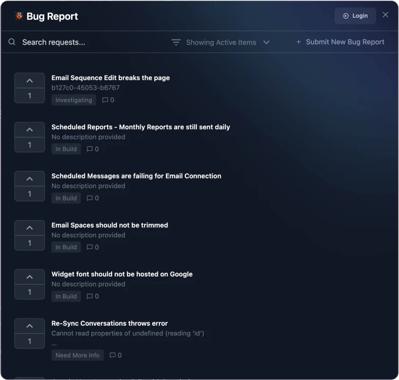 Clickconnector Bug Reports interface