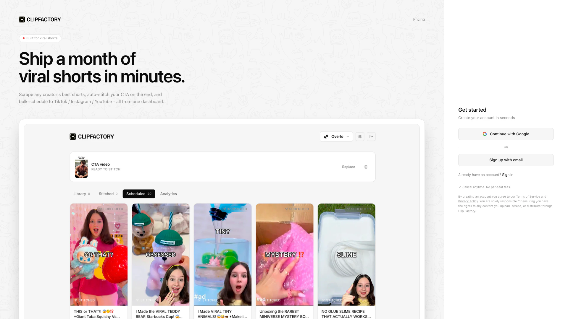 Clip Factory website screenshot showing Clip Factory 允許您提取熱門的 YouTube Shorts,將其與... interface and features