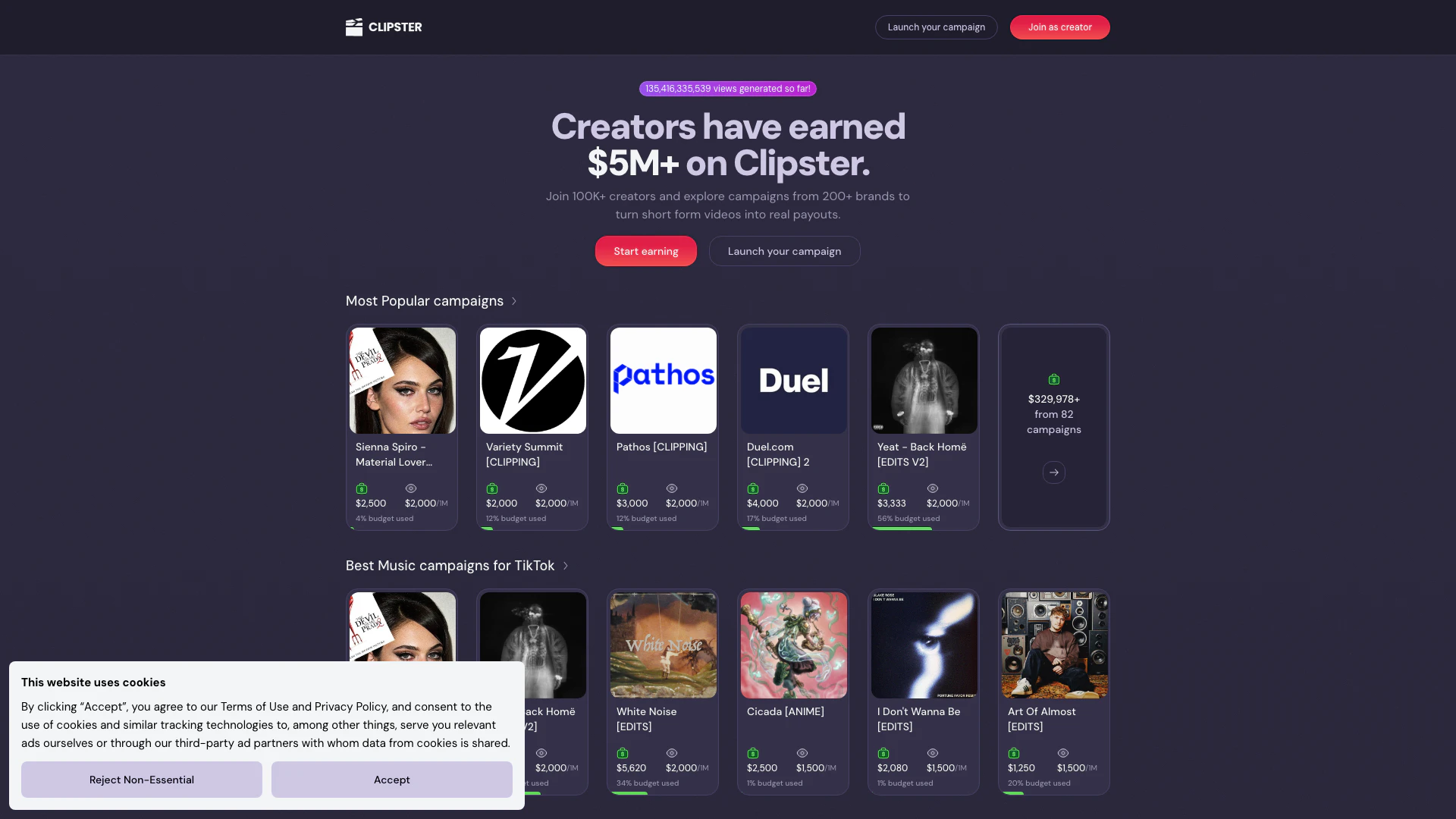 Clipster website screenshot showing Clipster is a leading performance-based ... interface and features
