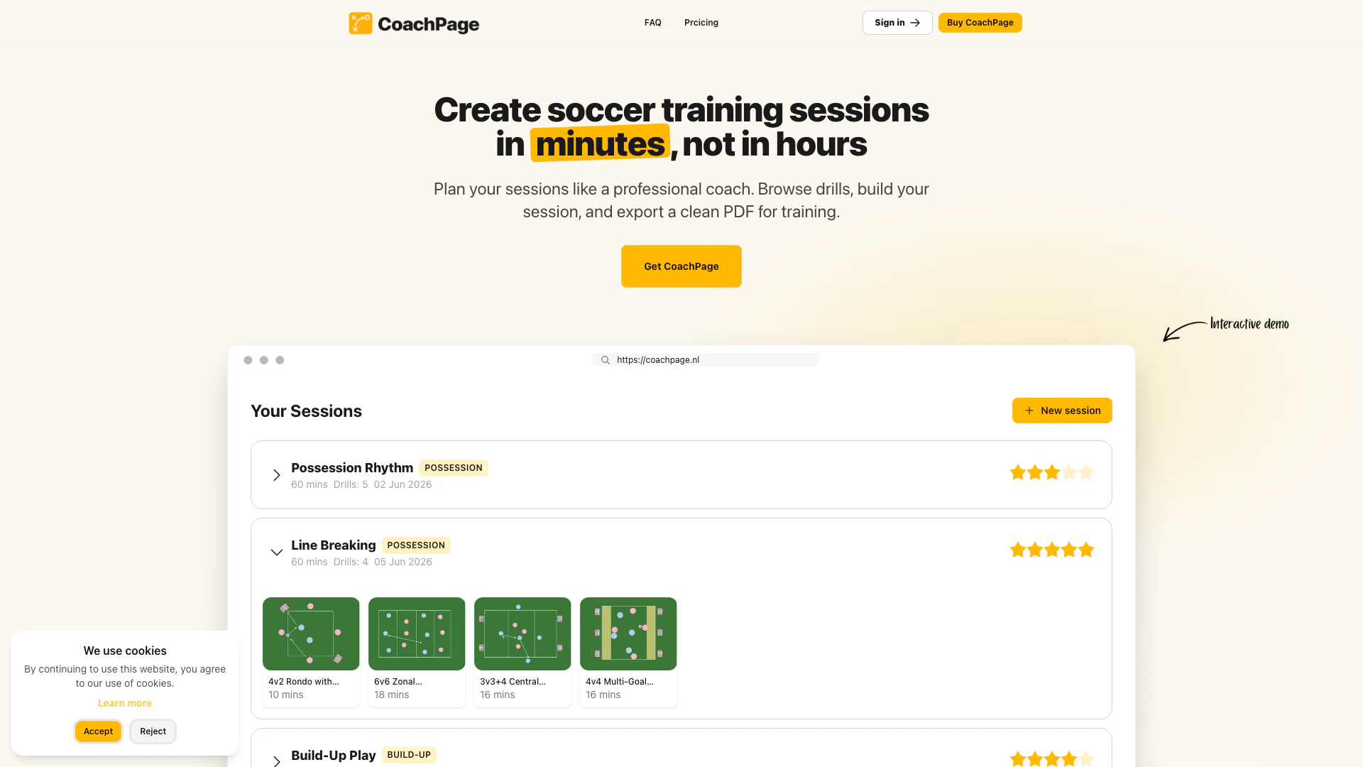 Coachpage website screenshot showing Create soccer training sessions in minut... interface and features