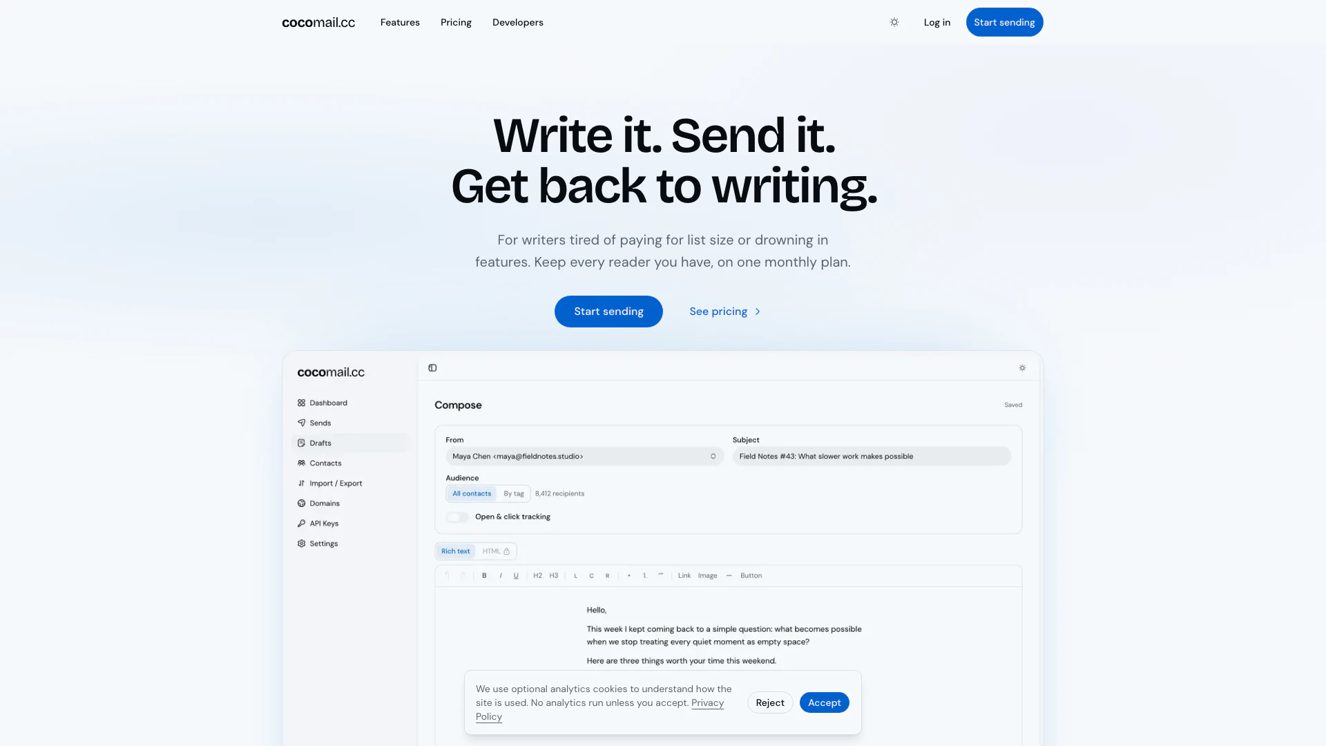Cocomail website screenshot showing Send newsletters from your own domain, k... interface and features
