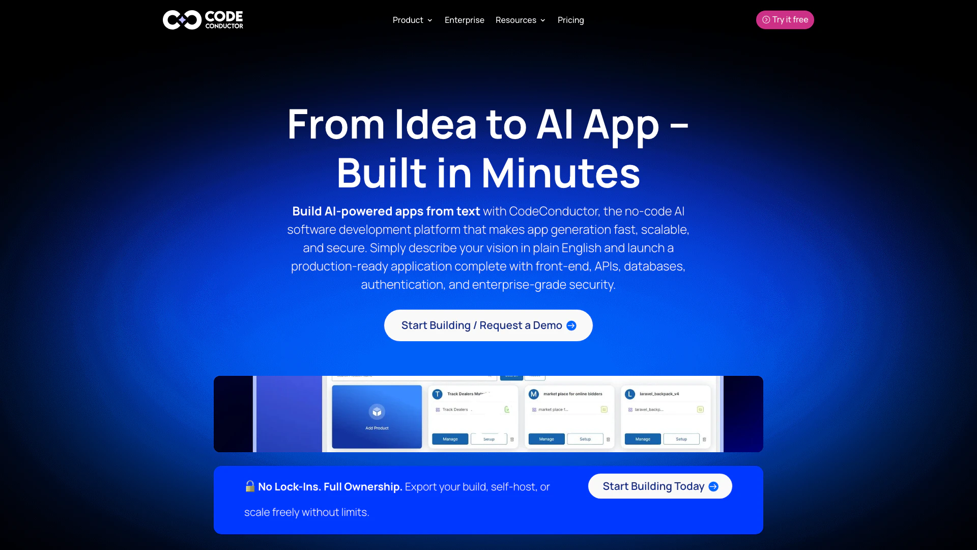 Code Conductor website screenshot showing No-Code AI Software Development Platform... interface and features