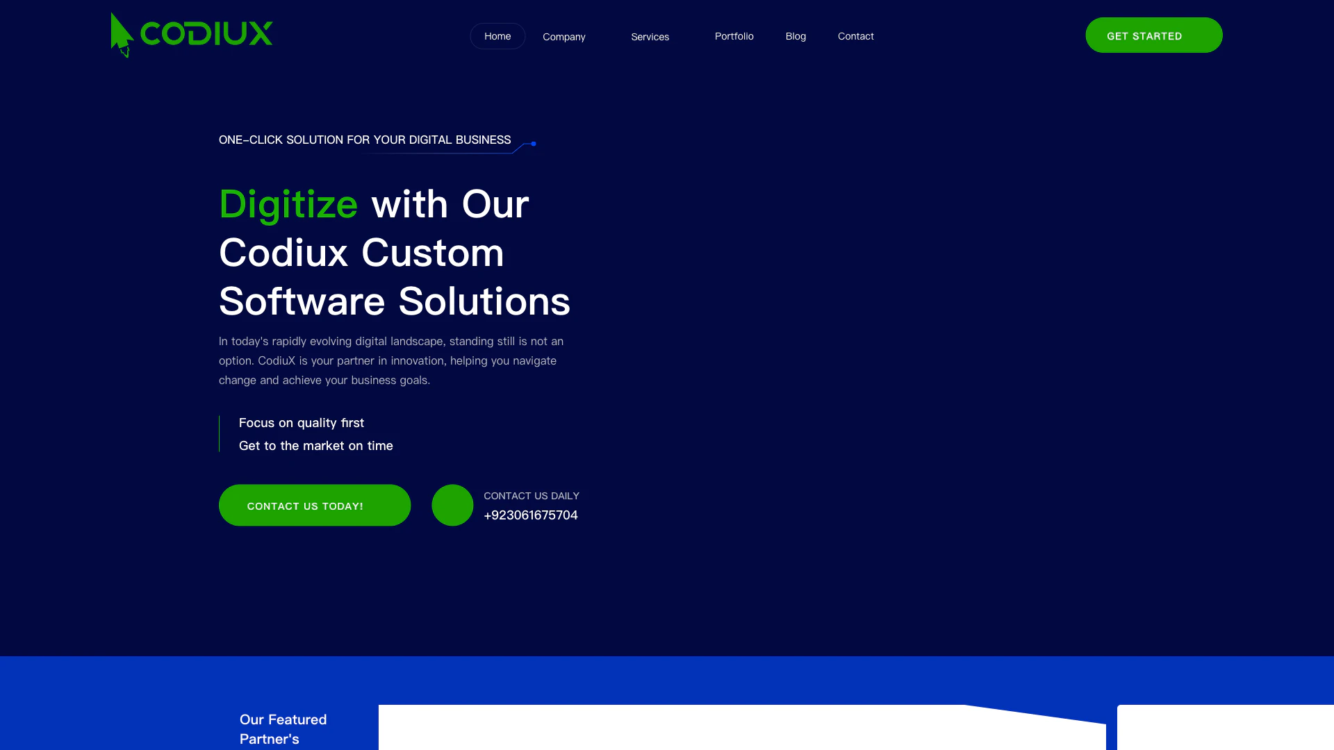 Codiux website screenshot showing Codiux offers innovative and scalable so... interface and features