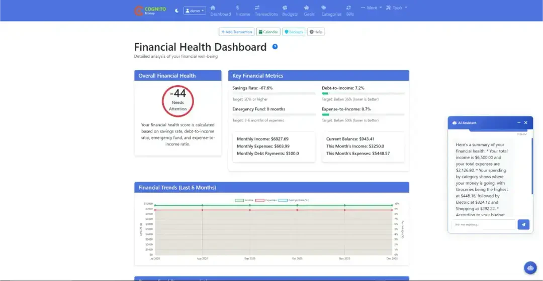 Cognito Money financial health score feature