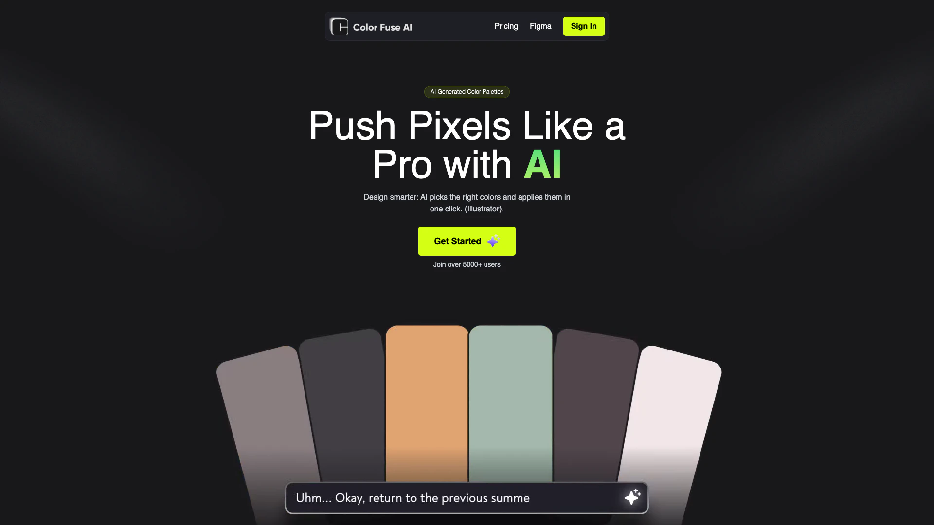 Color Fuse Ai website screenshot showing AI Chat Color Palette Generator | Color ... interface and features