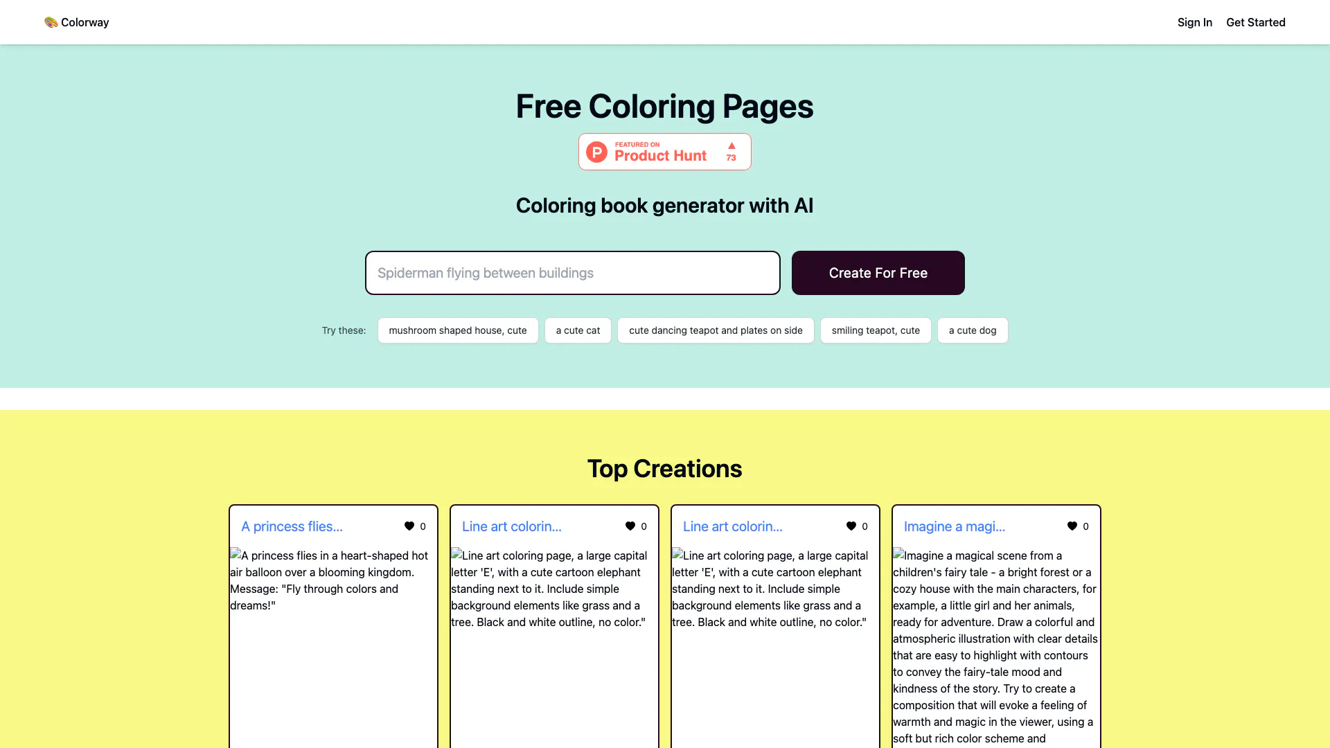 Colorway Ai website screenshot showing Unleash your creativity with Colorway AI... interface and features