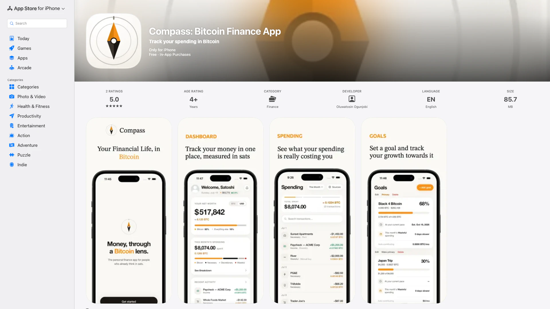 Compass Bitcoin Finance App - iOS アプリ website screenshot showing Compassはビットコイン保有者がビットコインの観点から自分の財政生活を見る手... interface and features