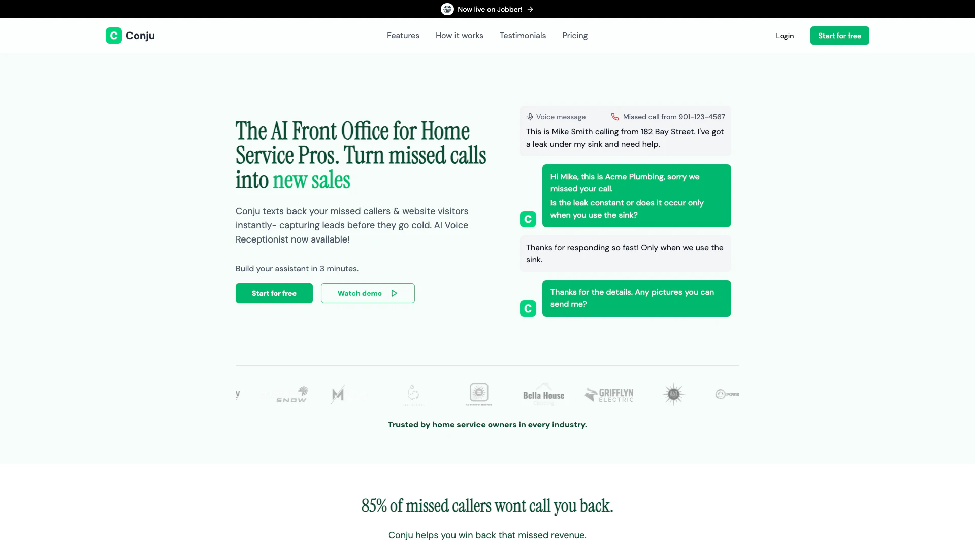 Conju Build Ai Powered Apps website screenshot showing Turn your missed calls into new sales interface and features