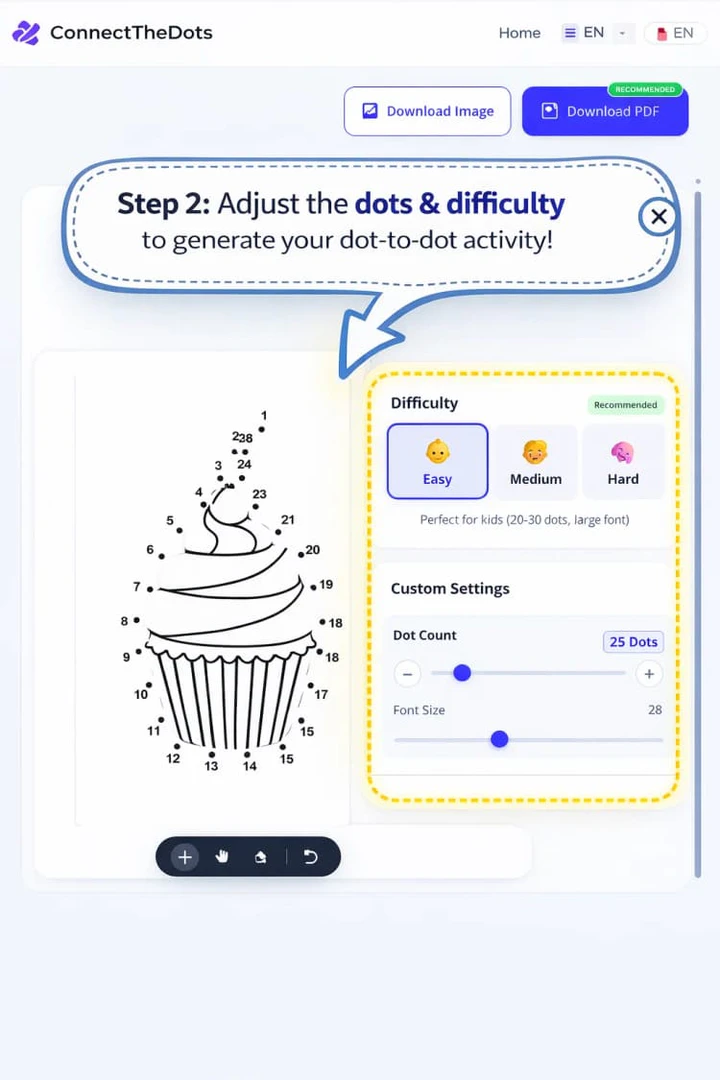 Adjusting difficulty settings on Connectthedotsprintable