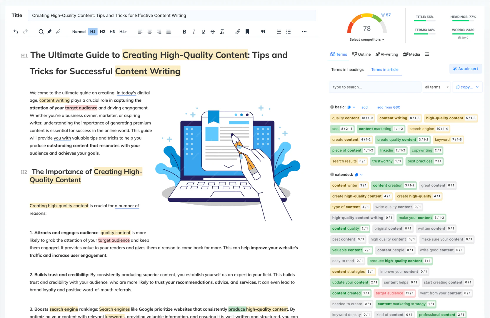 Contadu product interface showcasing content optimization features