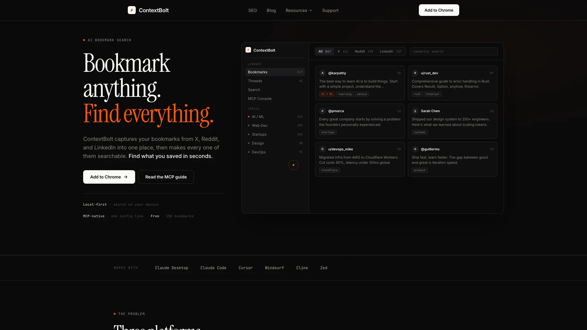 Contextbolt website screenshot showing ContextBolt 是一款免费的 Chrome 扩展程序,它将 X(Twit... interface and features