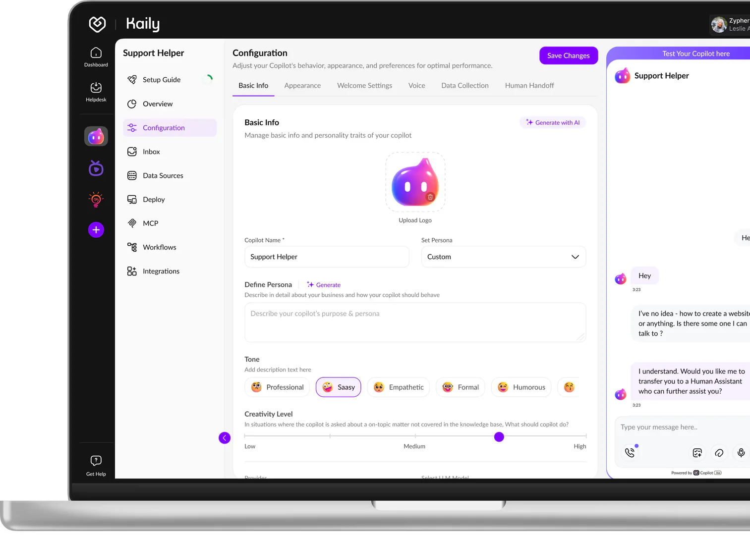 Kaily dashboard interface
