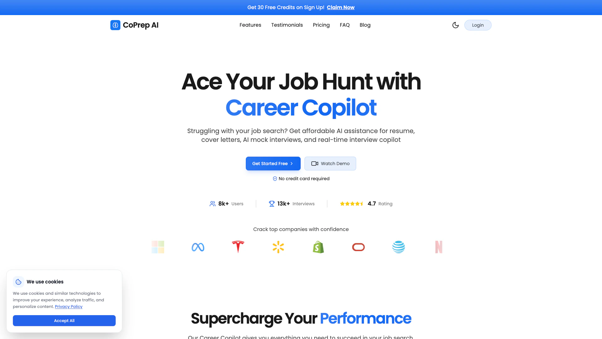 Coprepai website screenshot showing CoPrep AI is your ultimate career copilo... interface and features
