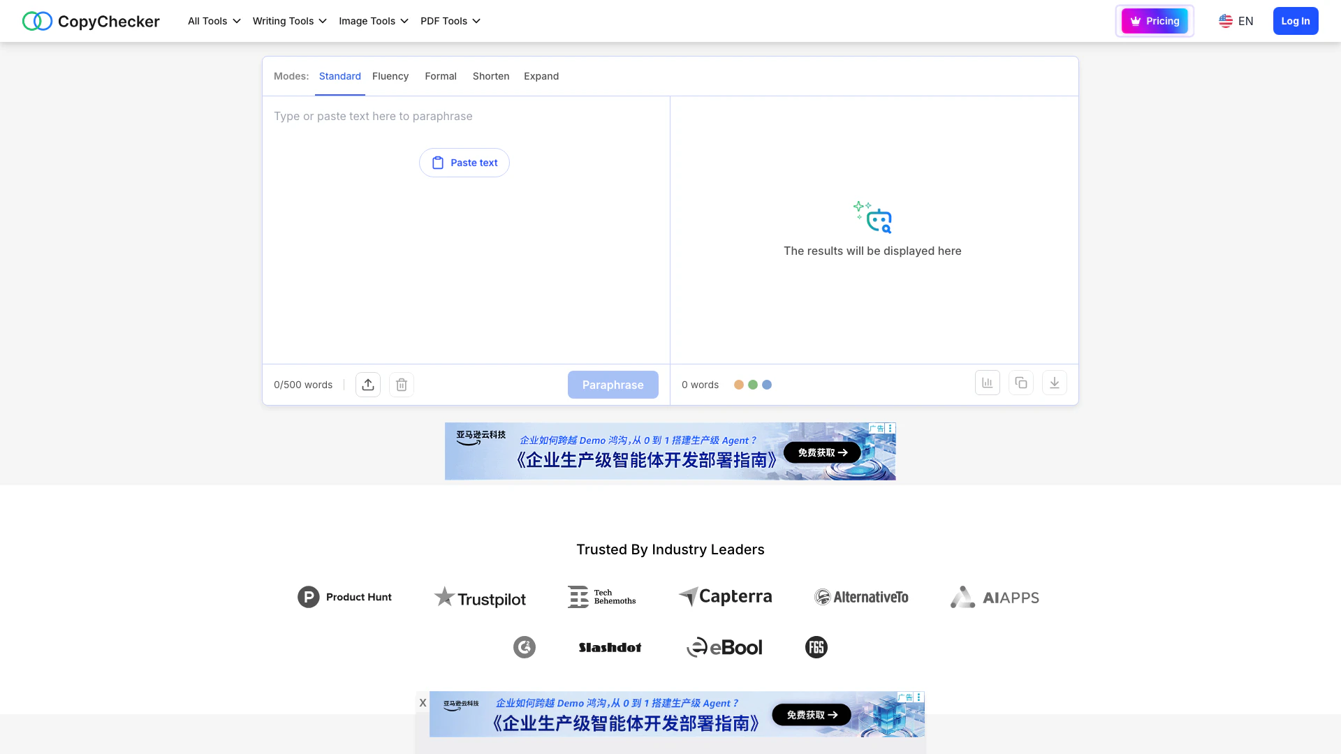 Copychecker website screenshot showing Paraphrase text instantly with our free ... interface and features
