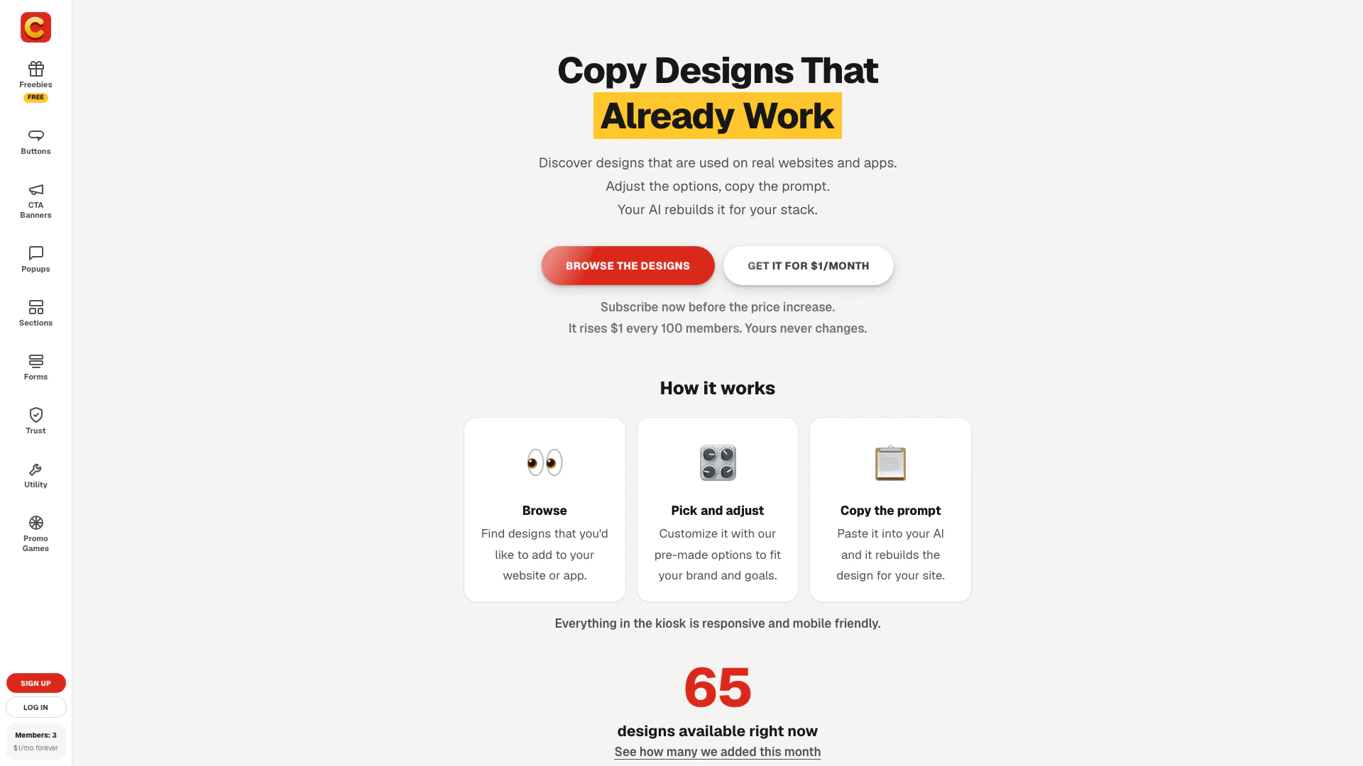 Copydesignai website screenshot showing Durchsuchen Sie 65 Designs, die auf echt... interface and features