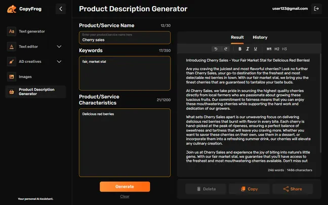 Copyfrog AI product description generator feature