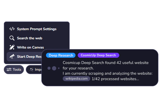 Cosmicup deep research feature in action