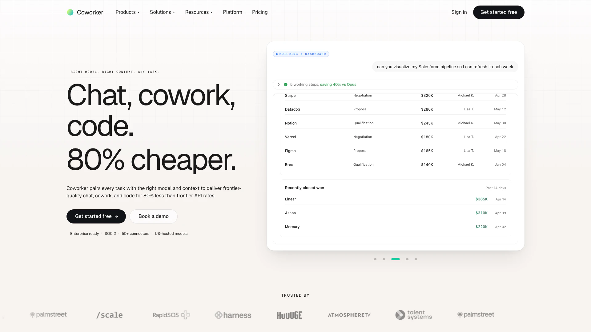 Coworkerai website screenshot showing Coworker AI is the enterprise AI agent p... interface and features