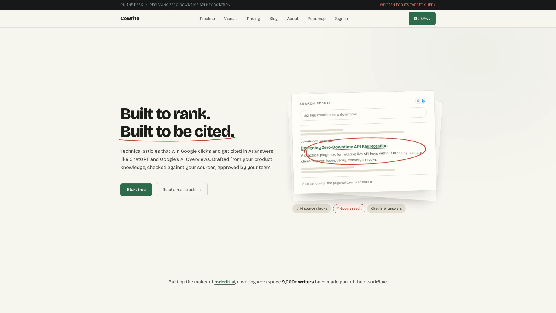 Cowrite website screenshot showing Cowrite transforms your product knowledg... interface and features