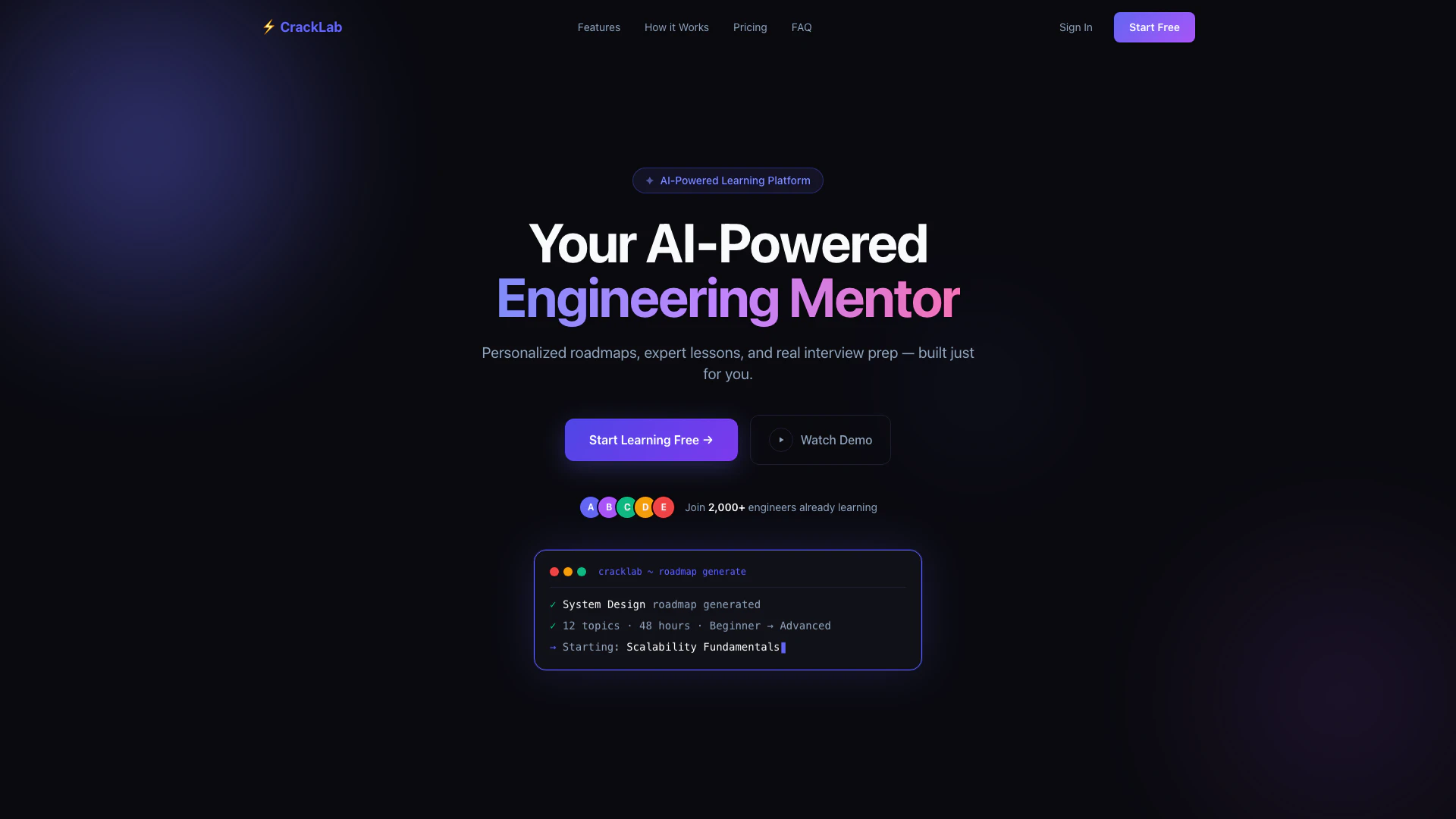 Cracklab website screenshot showing CrackLab is an AI-powered learning platf... interface and features