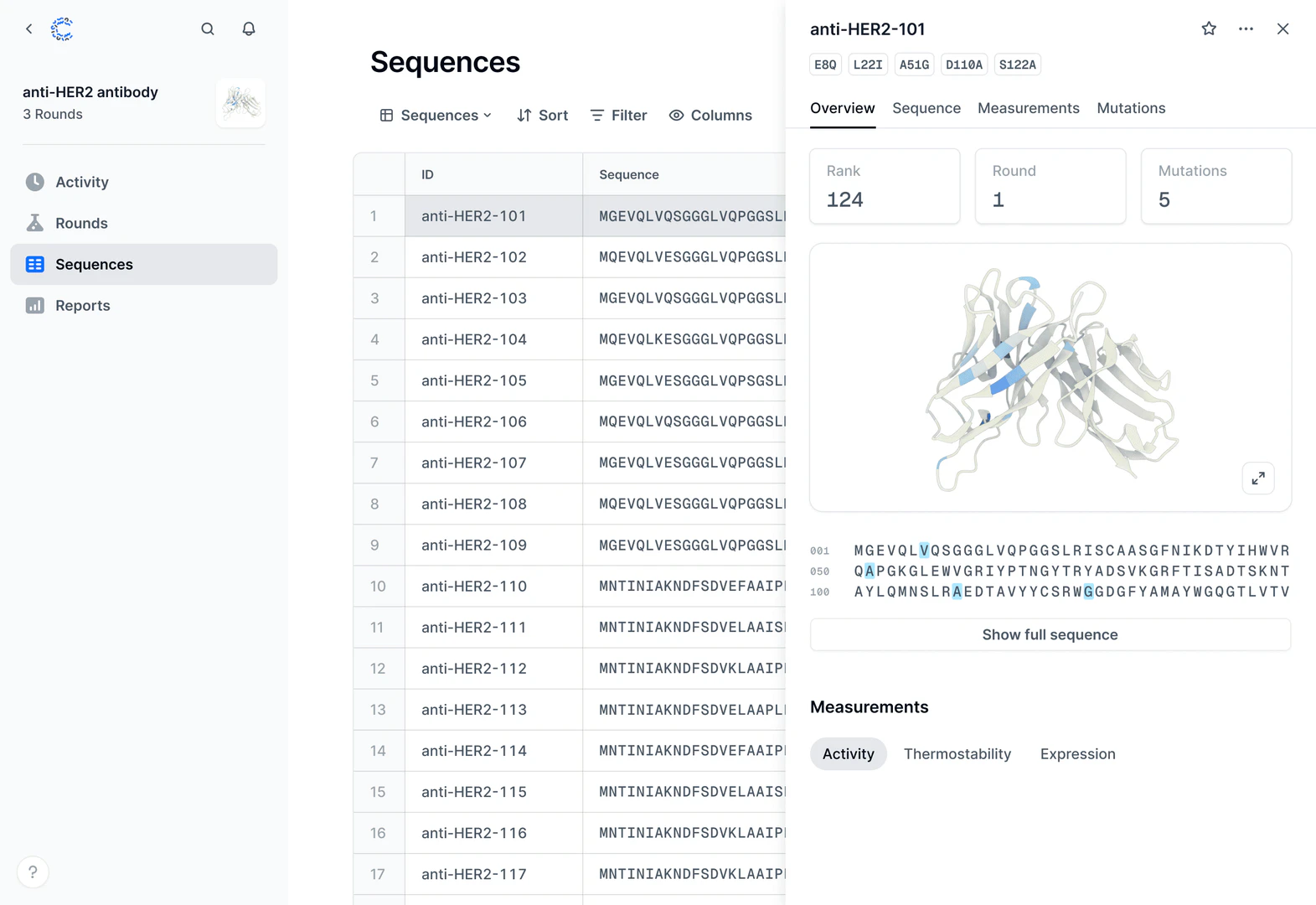 Cradle interface for generating protein candidates