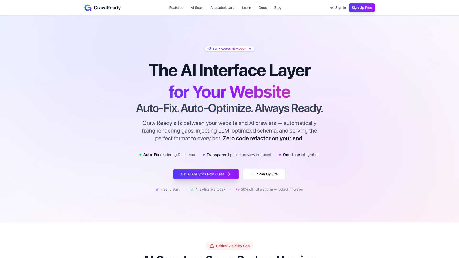 Crawlready website screenshot showing JavaScript 사이트를 AI 크롤러에 표시합니다. interface and features