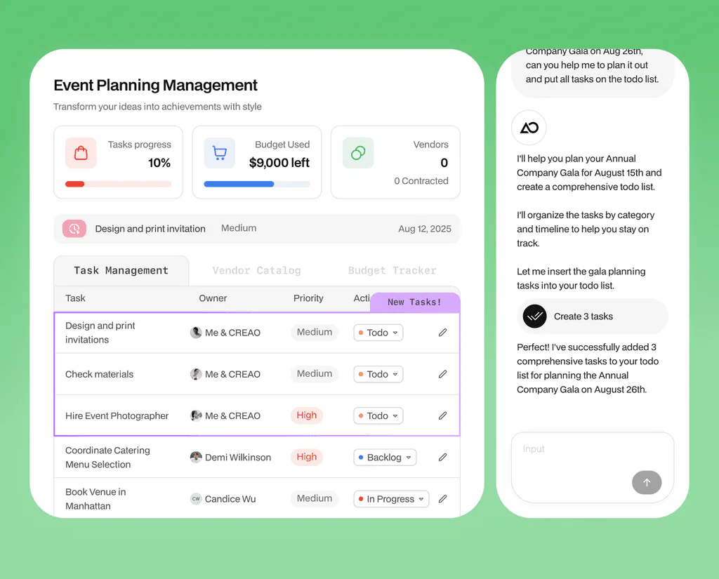 Creaoai feature demonstration showing AI assistant in action