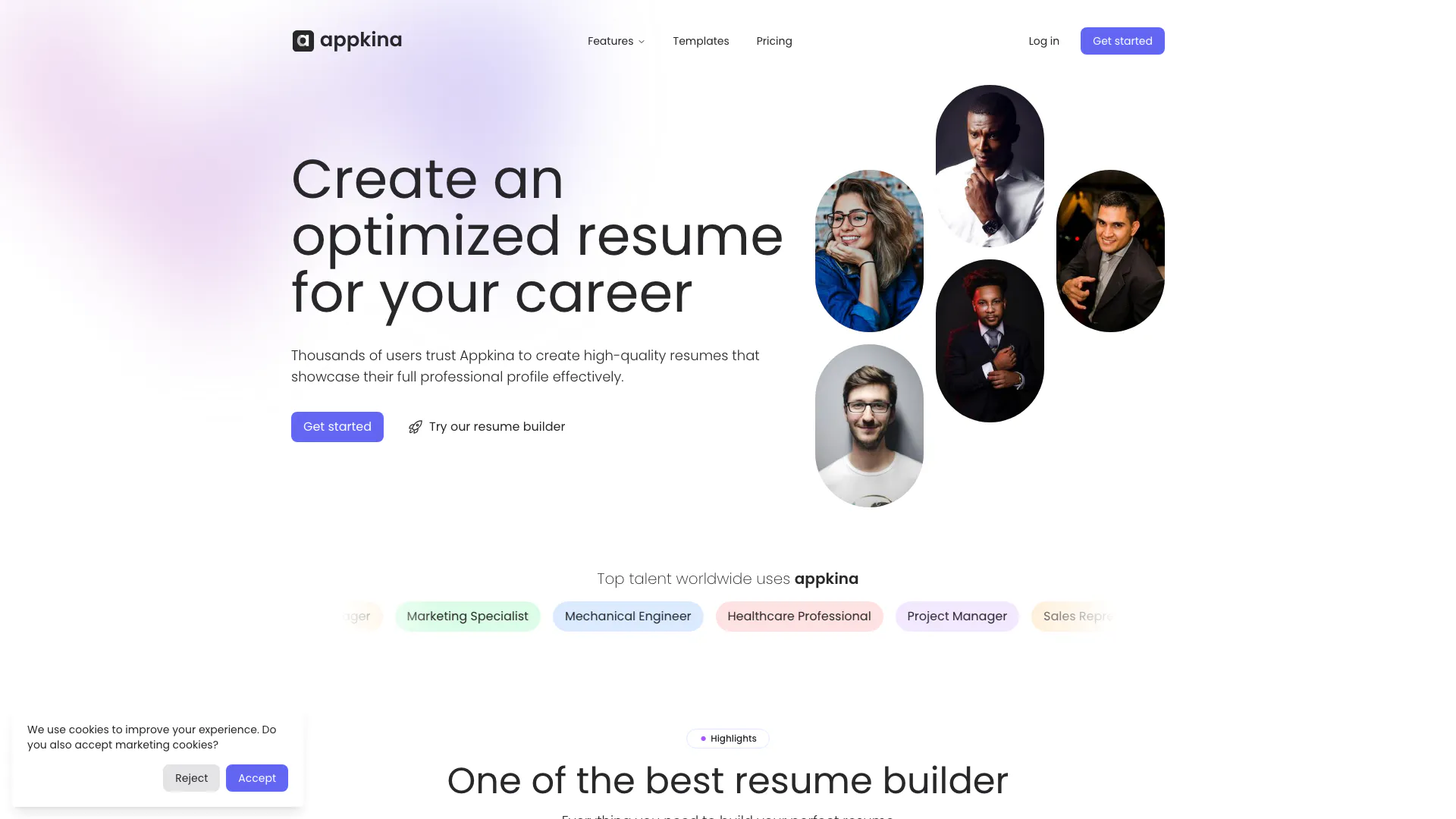 Appkina Com website screenshot showing Create a professional and impactful resu... interface and features