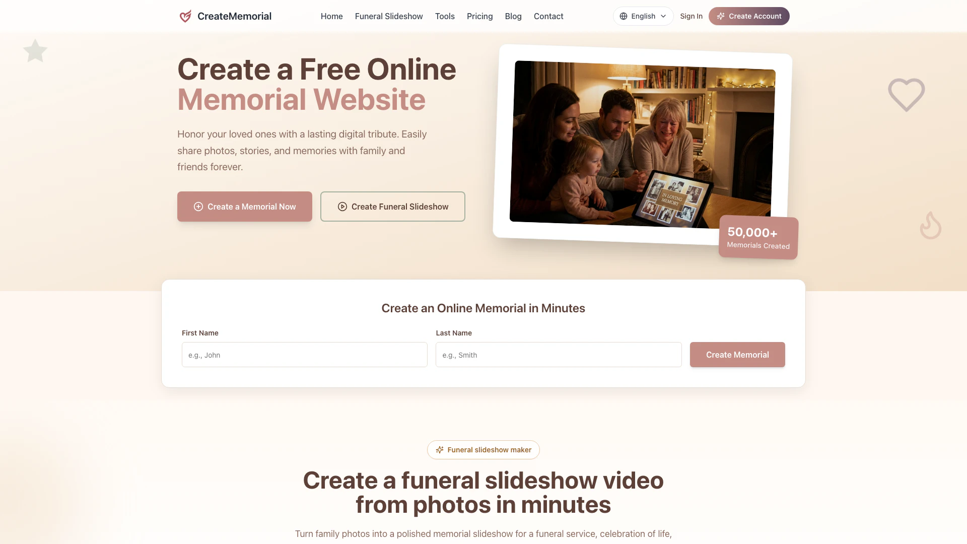 Creatememorial website screenshot showing CreateMemorial is a compassionate online... interface and features