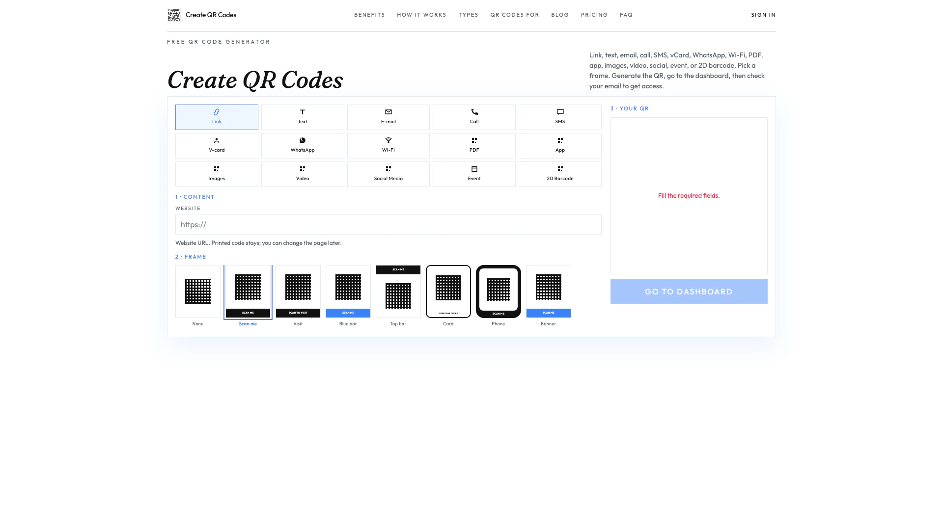 Createqrcodes website screenshot showing Erstellen Sie in Sekundenschnelle einen ... interface and features