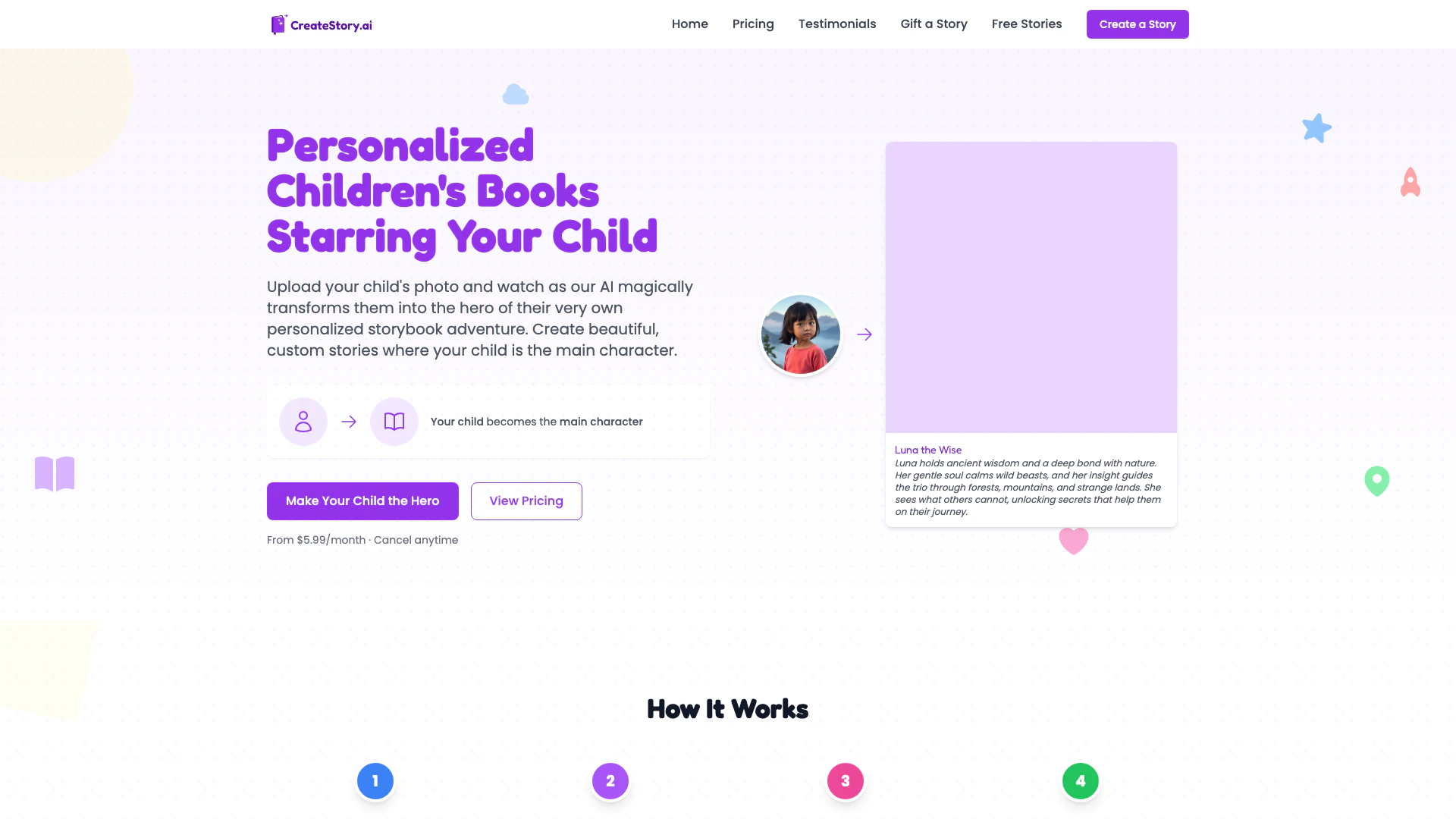 Createstoryai website screenshot showing Create a personalized children's book wi... interface and features