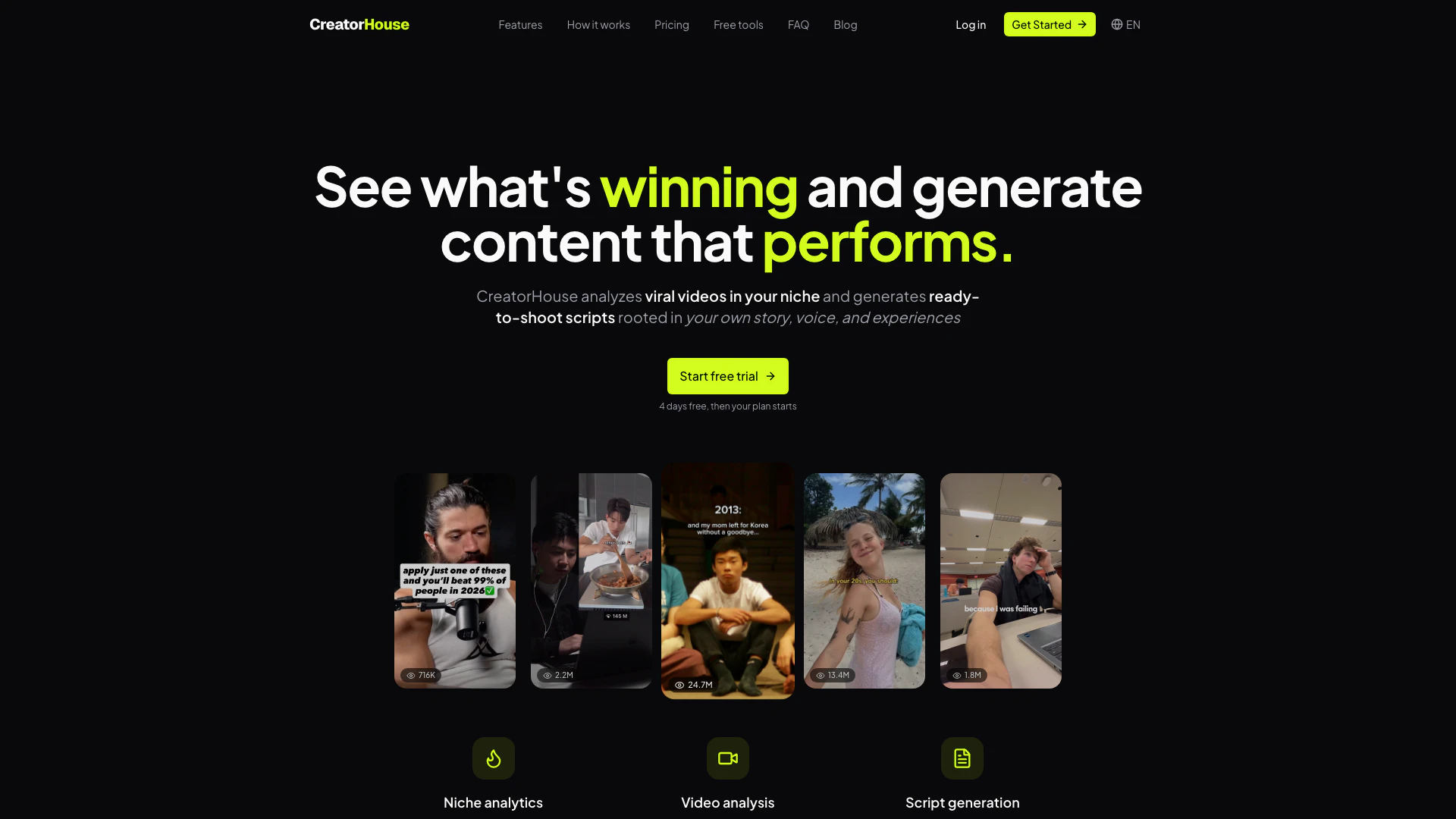 Creatorhouse website screenshot showing Creatorhouseは、競合他社を監視し、バイラルコンテンツを分析し、あなた... interface and features