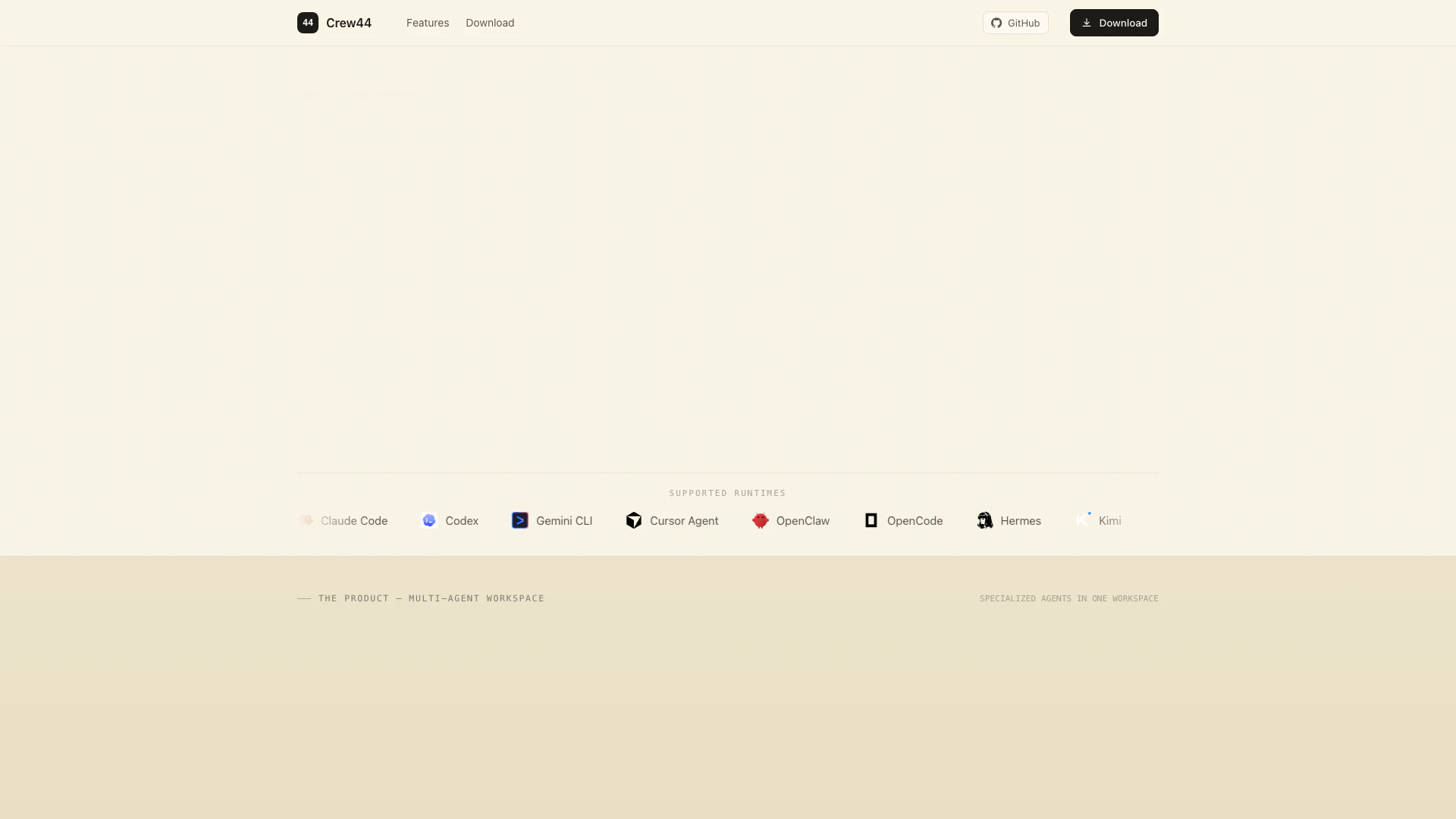 Crew44 website screenshot showing Crew44 is a local-first workspace that o... interface and features