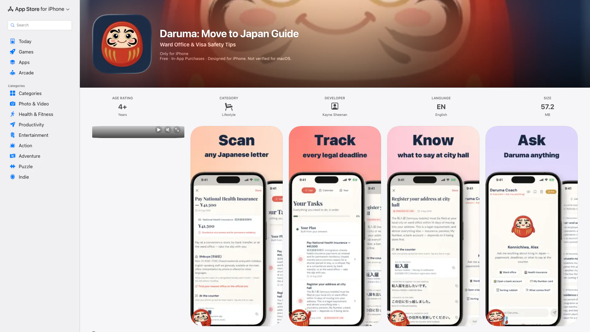 Daruma: Move To Japan Guide - iOS アプリ website screenshot showing Darumaは、あなたの特定の状況に基づいてパーソナライズされたタスクリストを生... interface and features