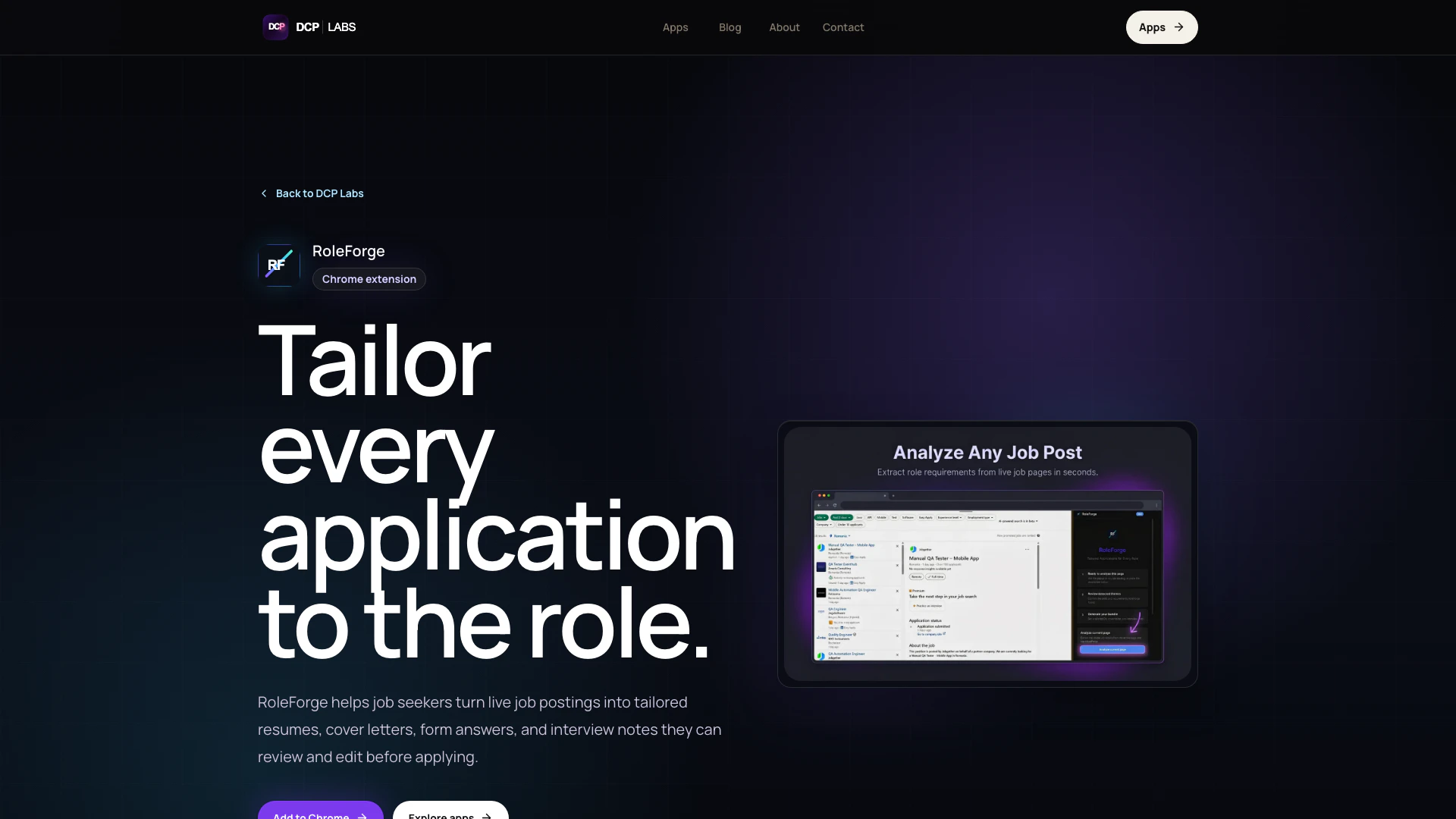 Dcplabs website screenshot showing DCP Labs creates innovative digital prod... interface and features