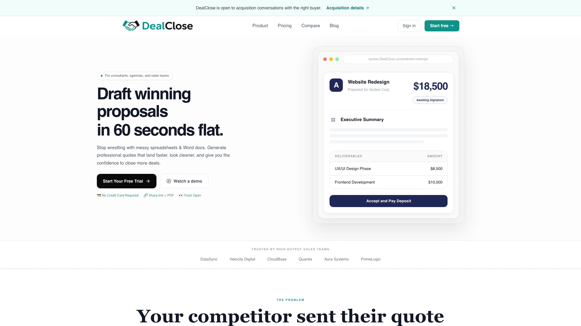Dealclose website screenshot showing Genera cotizaciones de ventas profesiona... interface and features