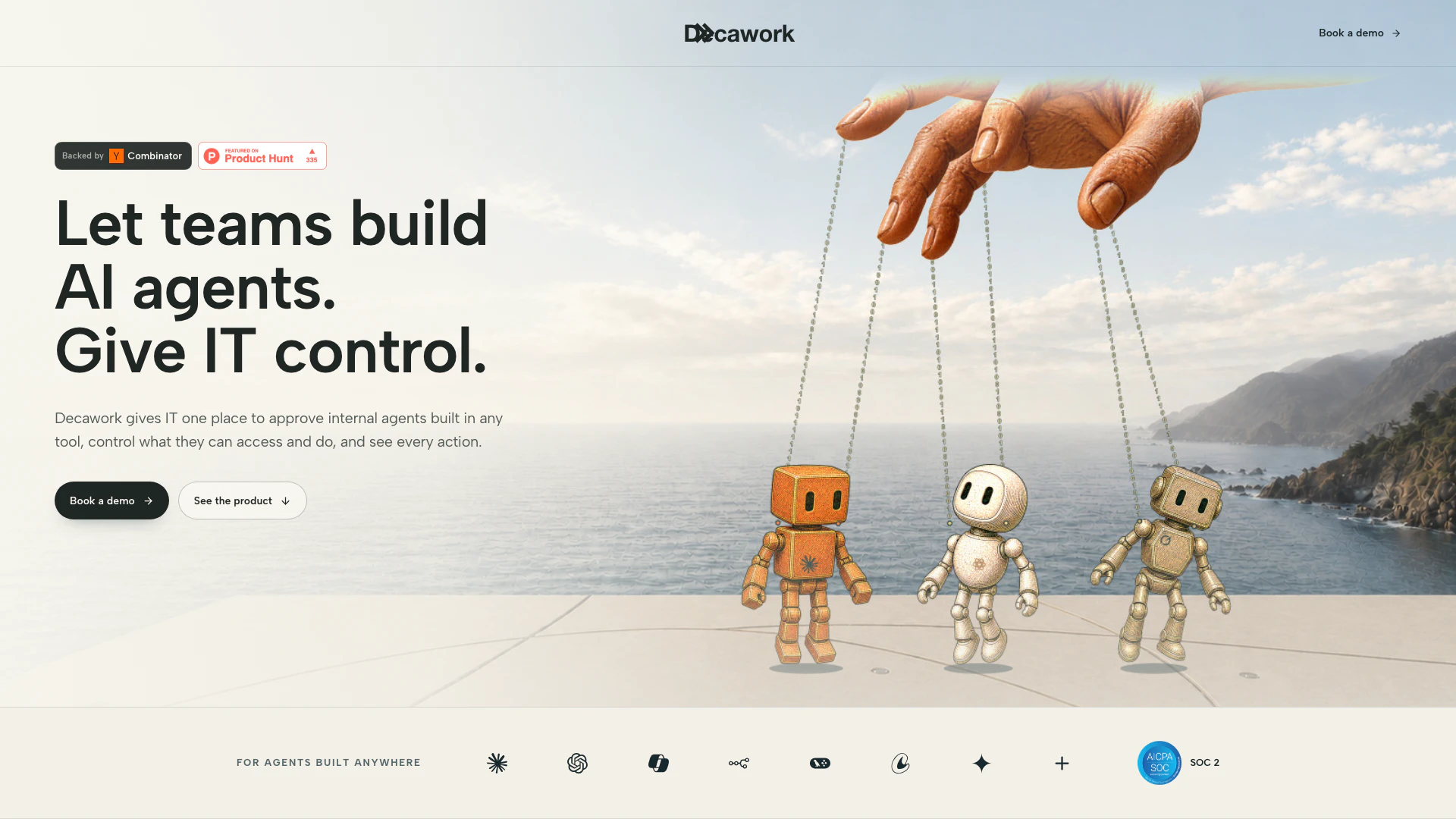 Decaworkai website screenshot showing Approve internal agents built in any too... interface and features