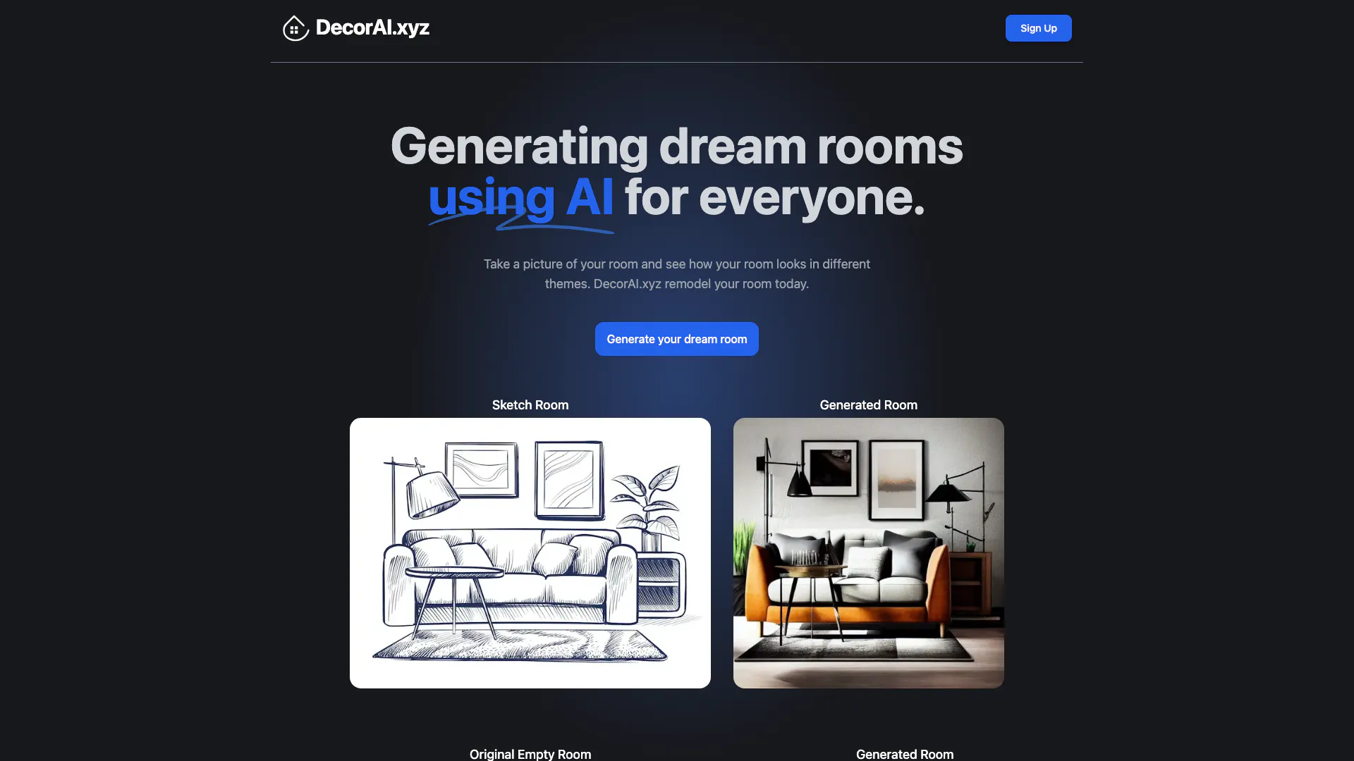 Decorai Xyz website screenshot showing Generate your dream room in seconds. interface and features