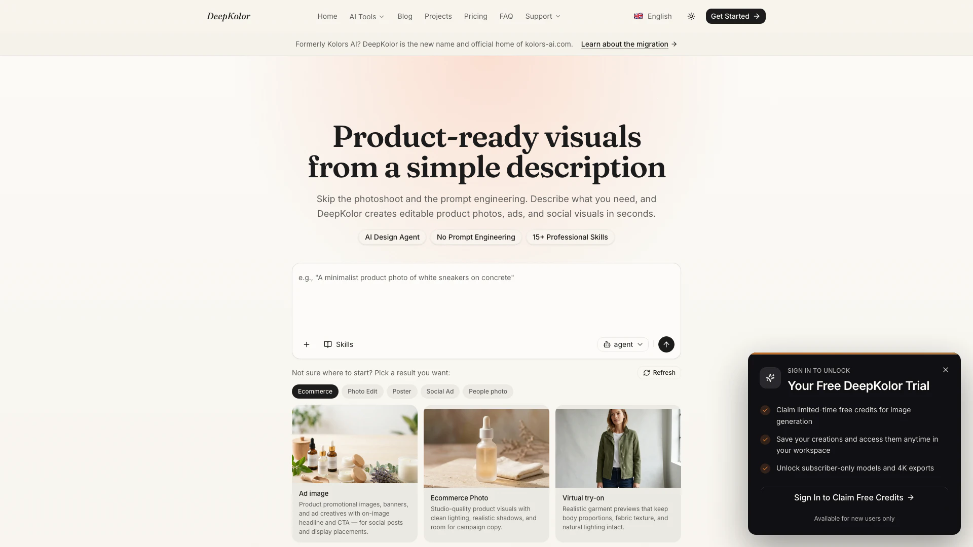 Deepkolorai website screenshot showing DeepKolor, formerly Kolors AI, lets you ... interface and features