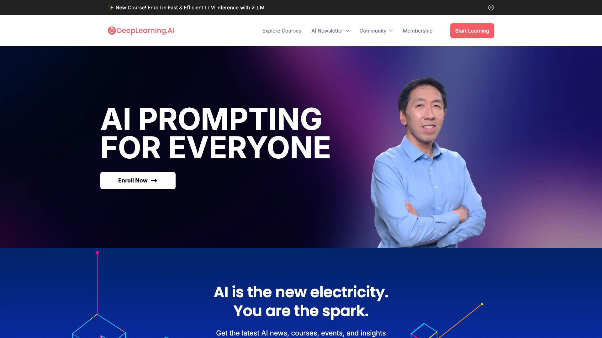 Deeplearningai website screenshot showing DeepLearning.AI offers online courses to... interface and features