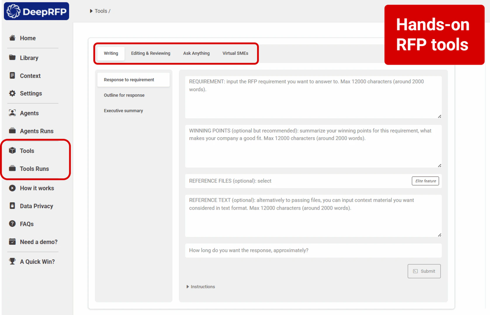 DeepRFP AI proposal tools and features overview