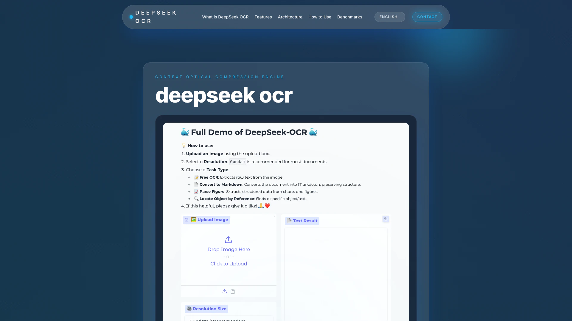Deepseek-ocr website screenshot showing DeepSeek OCR offre une intelligence docu... interface and features
