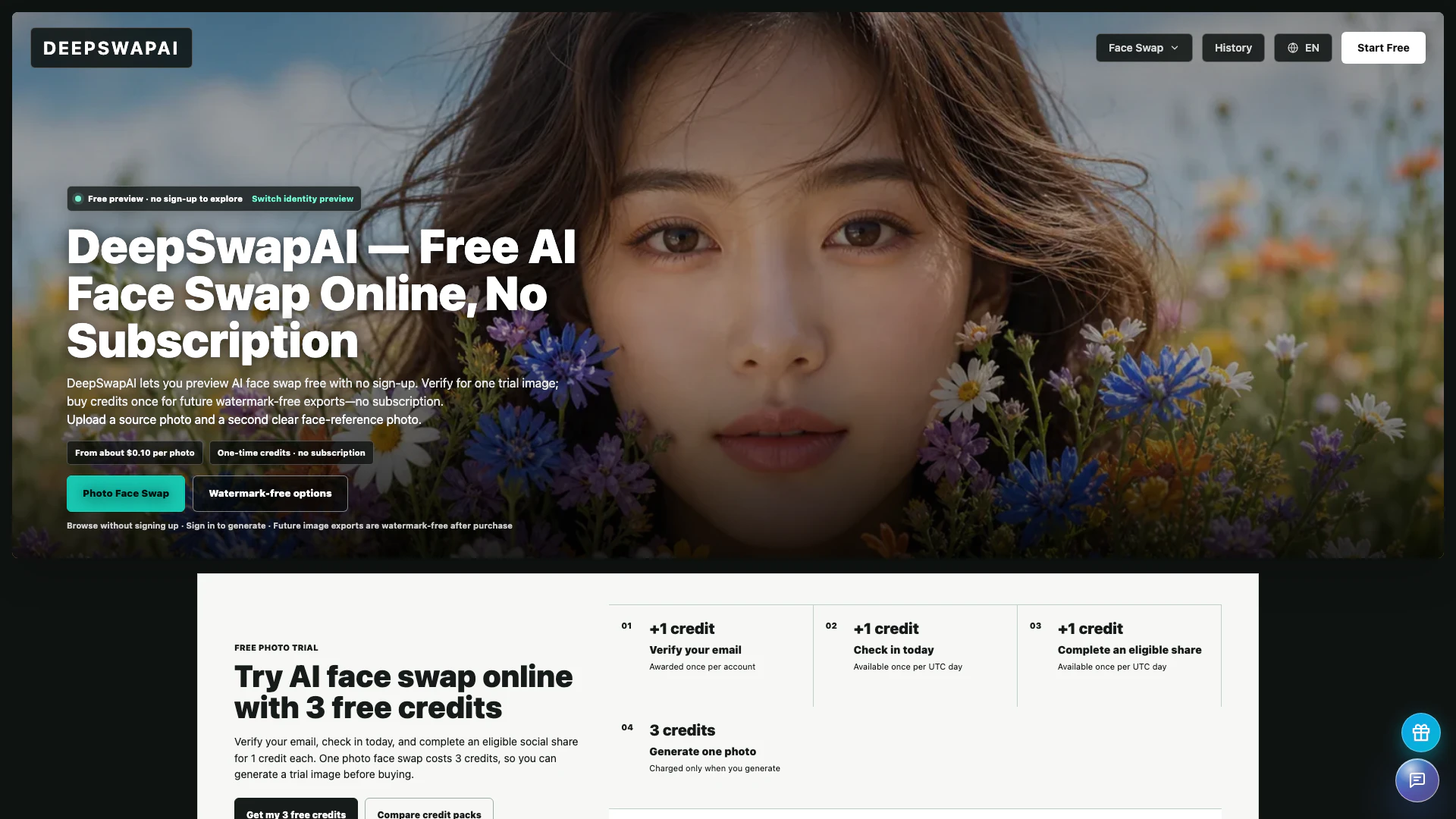 Deep Swap Ai website screenshot showing DeepSwapAI allows you to preview AI face... interface and features