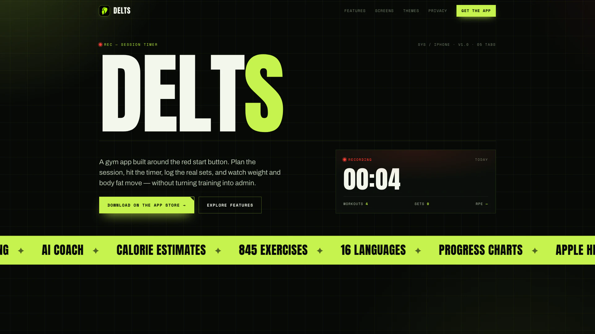 Delts website screenshot showing Delts is a free iPhone gym workout track... interface and features