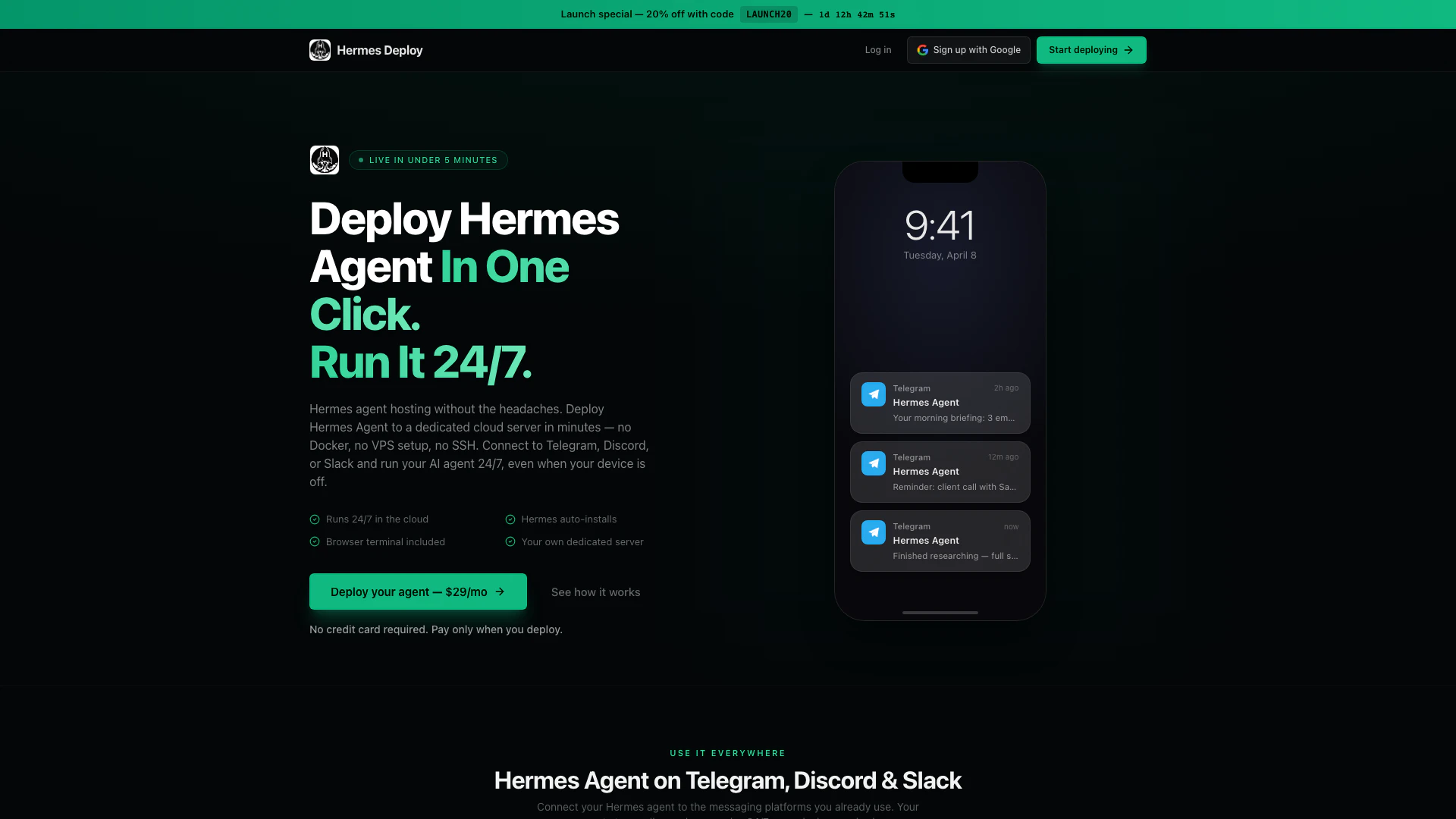 Deployhermesagent website screenshot showing Starten Sie Ihren privaten Hermes-Agente... interface and features