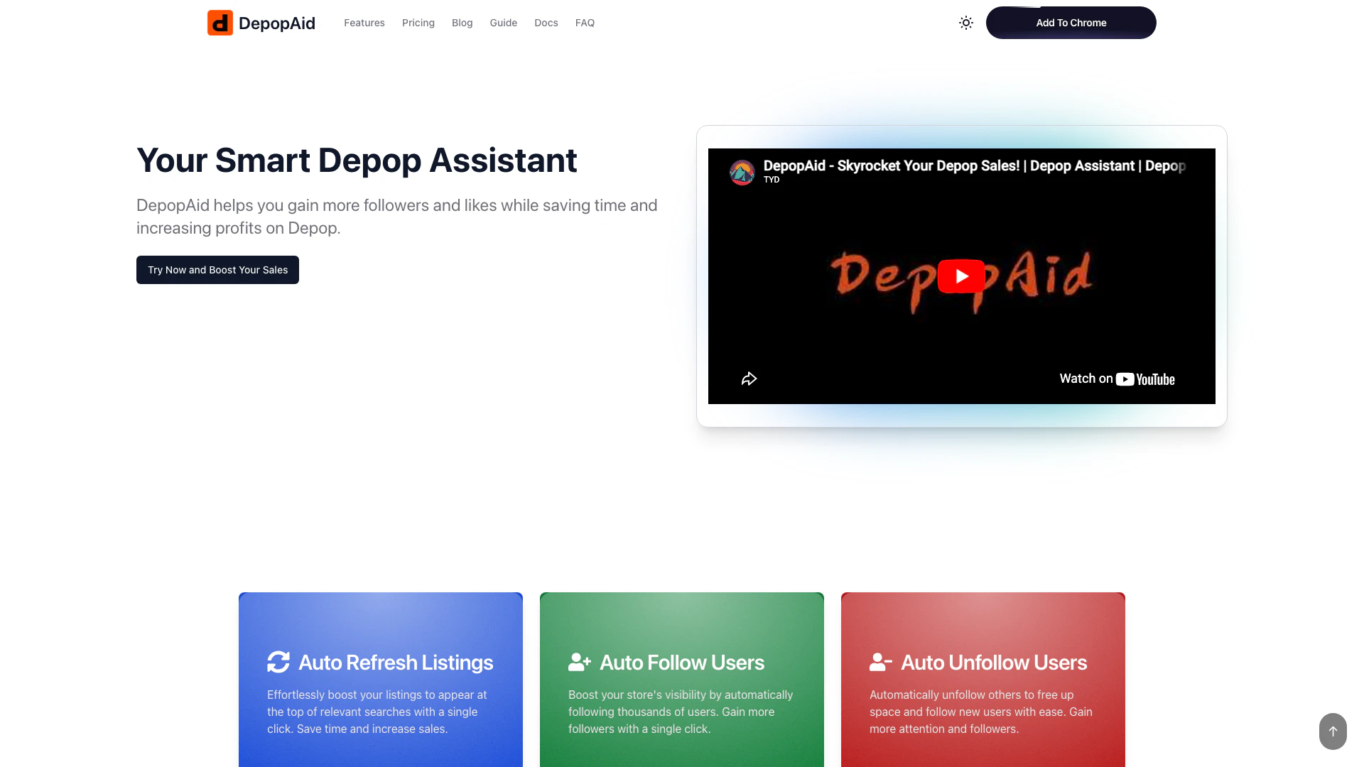 Depopaid website screenshot showing Depop Bot | Sell On Depop | DepopAid interface and features