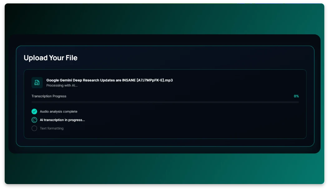 DeVoice usage step screenshot: AI transcribing audio instantly