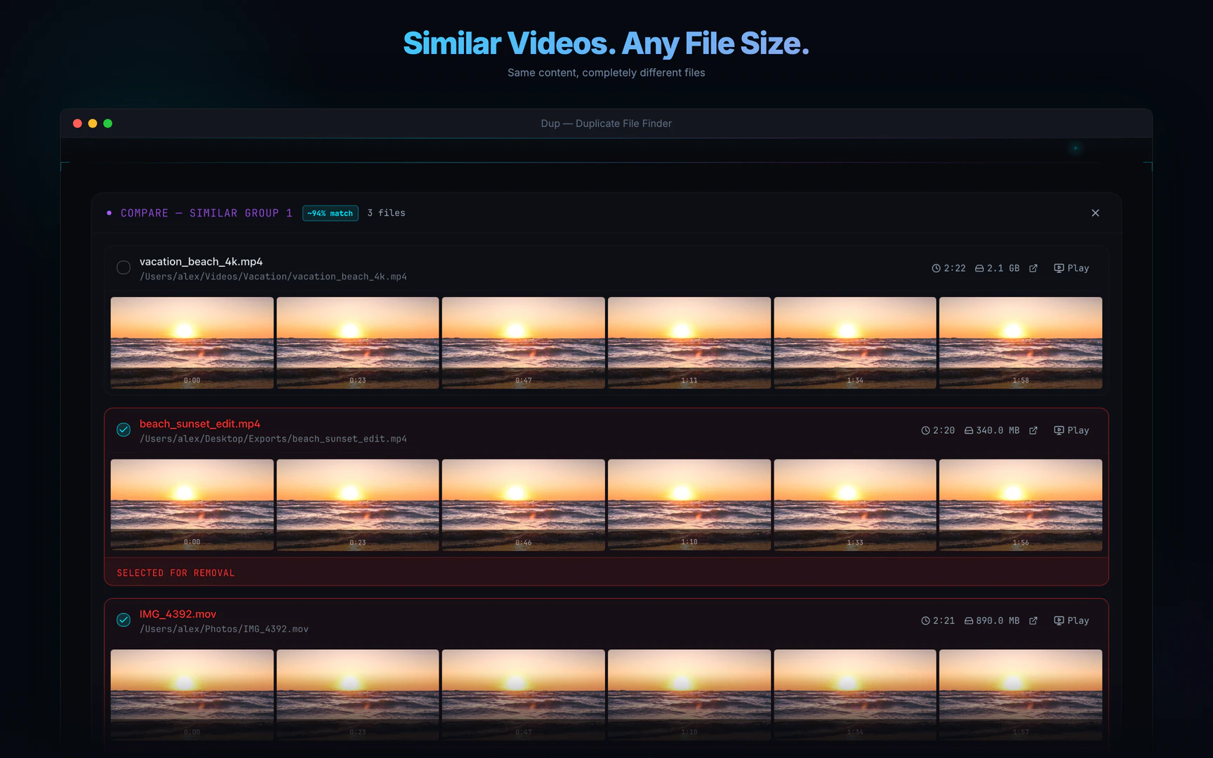 Dup feature demonstration comparing similar videos side by side