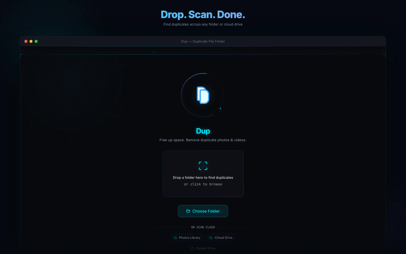 Dup product interface showing folder drop zone and cloud drive options