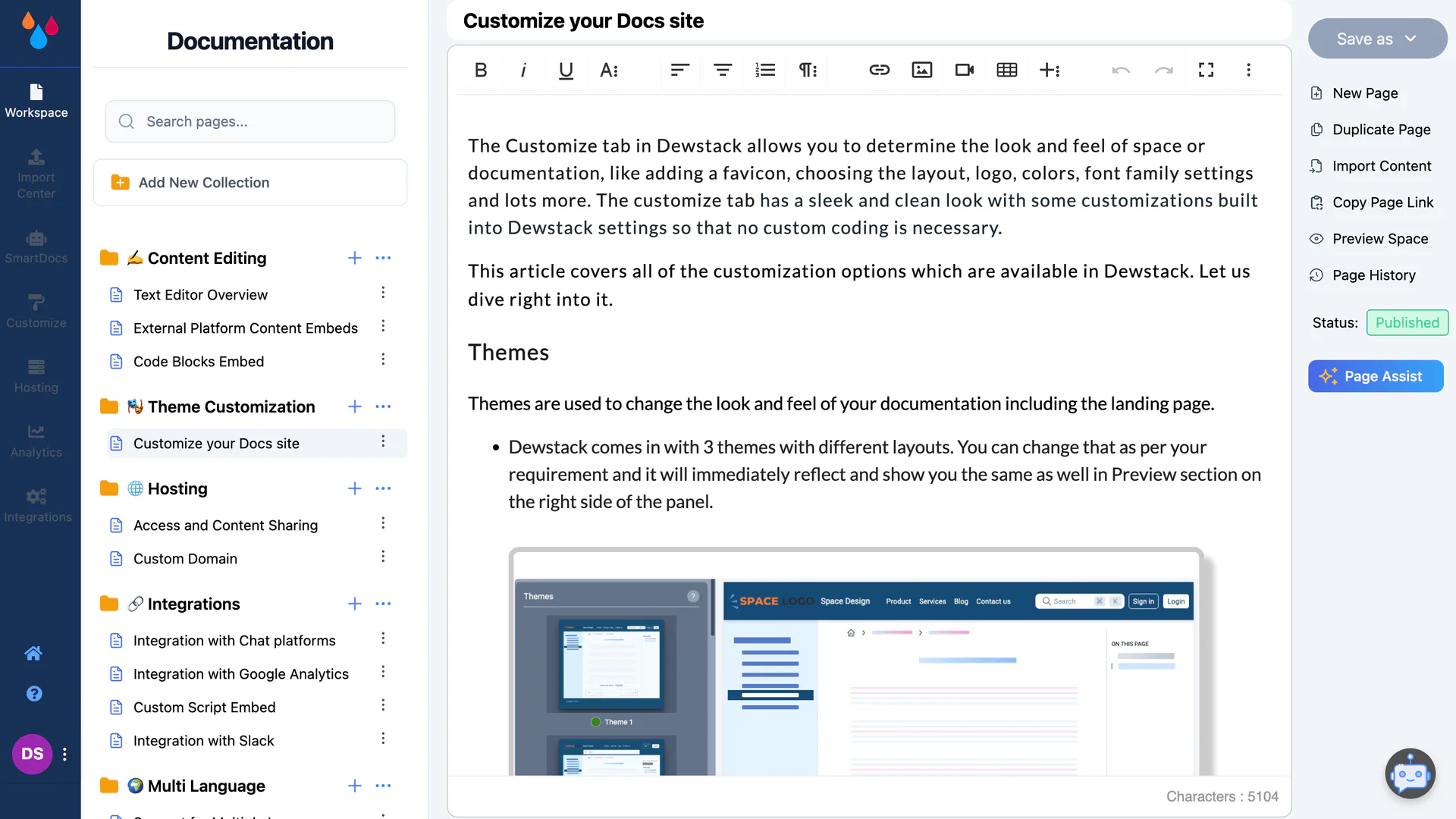 Dewstack product interface showcasing documentation creation
